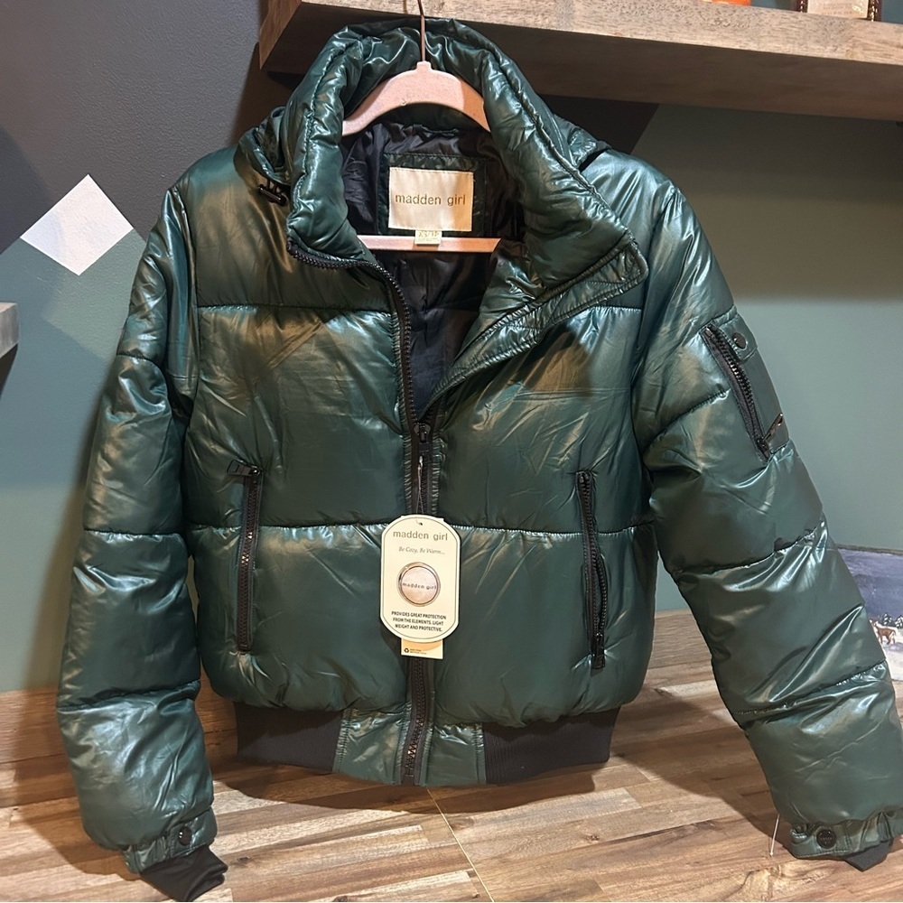 NWoT Madden Girl Hunter Green Puffer Bomber Jacket XS | Cozy Ribbed Bubble Coat